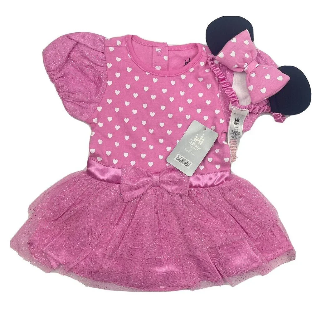 DISNEY STORE  Baby Girl Minnie Mouse Bodysuit Dress Pink 18-24 Months New